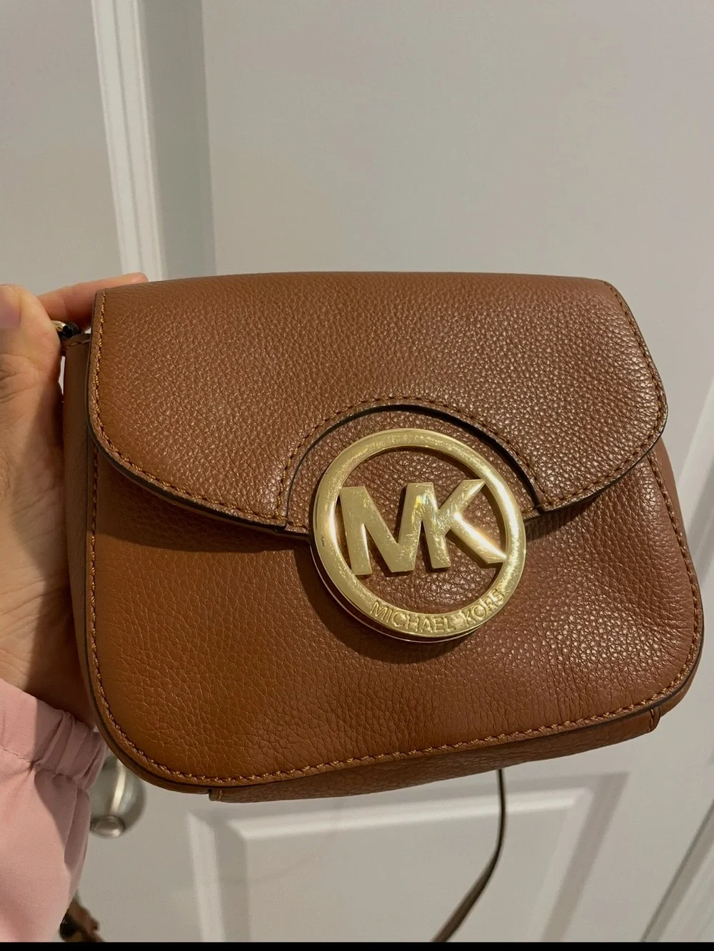 Michael Kors Chestnut Leather Crossbody with Gold MK Emblem